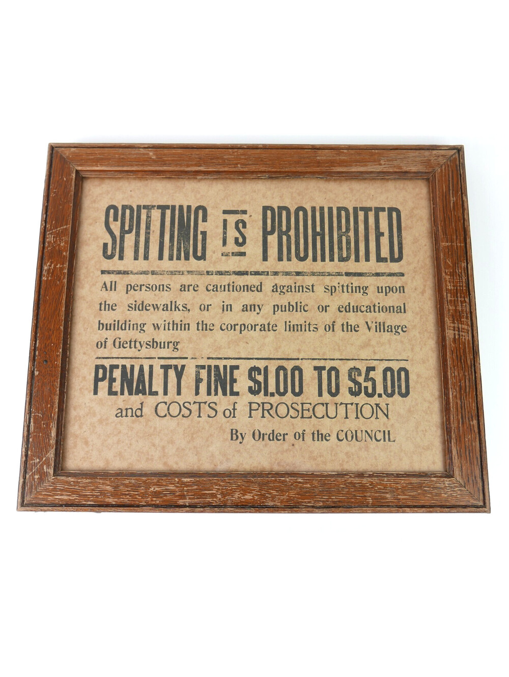 Antique Sign Gettysburg Ohio Darke County Spitting Is Prohibited Framed 1900s